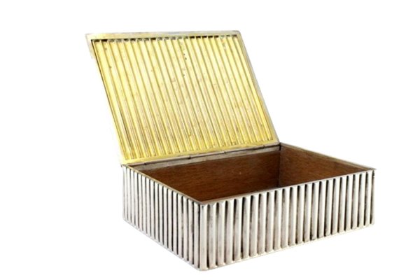 tobacco boxes for sale Box in Fluted Silver with Wood-Lined Interior Inscribed Dutch Brass and Copper