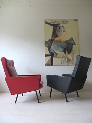 Vintage French Red Black Lounge Chairs 1950s Set Of 2 For Sale At Pamono