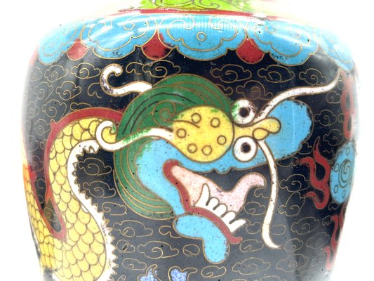 Vase Décoratif En Cuivre Cloisonné Bleu - Motif Dragons - Hauteur 31 Cm - Occasion En Bon état
