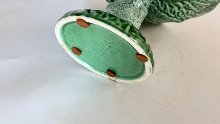 Mid-Century Ceramic Fruit Basket Hand-Painted Green & White Bowl