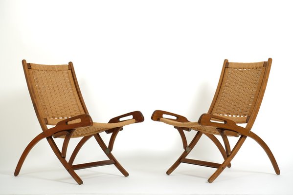 Mid-Century Modern Wooden and Paper Cord Folding Chairs, Former