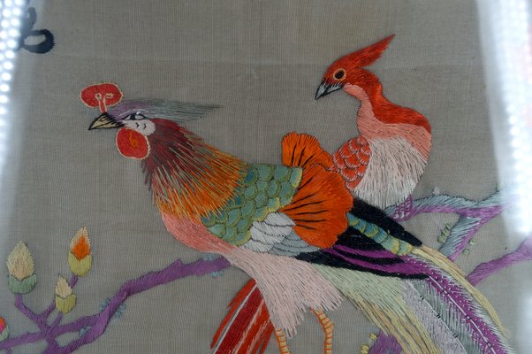 Broderie Soie Ancienne - Tableau Encadré Oiseaux Et Fleurs - Art Asiatique Chinois Japonais