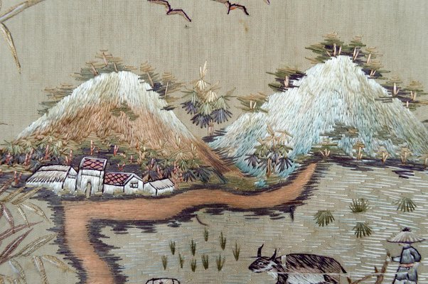 Indochinese Embroidered Silk Tapestries, Vietnam, 1930s, Set of 3