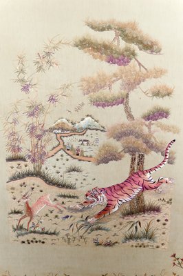 Indochinese Embroidered Silk Tapestries, Vietnam, 1930s, Set of 3