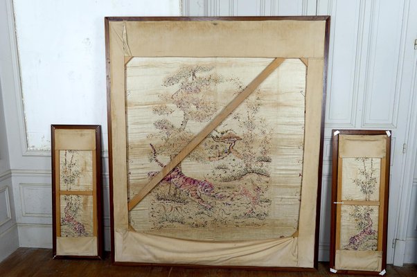 Indochinese Embroidered Silk Tapestries, Vietnam, 1930s, Set of 3