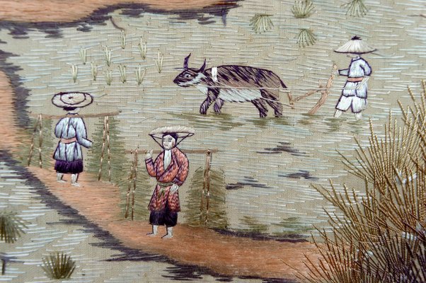 Indochinese Embroidered Silk Tapestries, Vietnam, 1930s, Set of 3