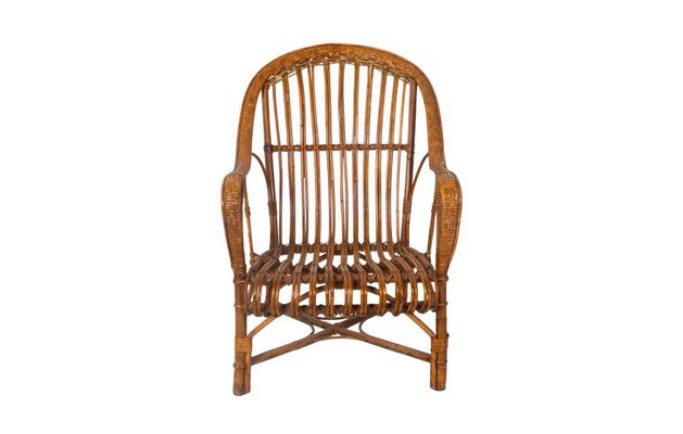 Vintage Curved Rattan Armchair with Enveloping Backrest for sale