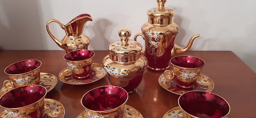 Juego de café de cristal de Murano, oro y cerámica de Murano para