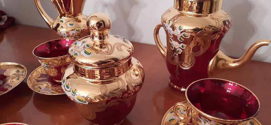 Juego de café de cristal de Murano, oro y cerámica de Murano para