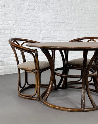 Round Oak Dining Table and Rattan Armchairs, Set of for sale at