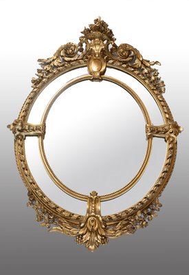 Antique French Napoleon III Medallion Mirror in Gilded and Carved