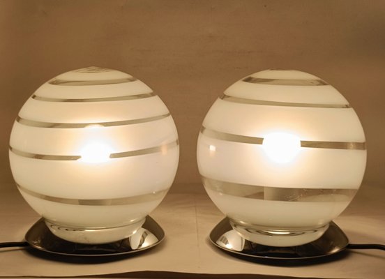 Murano White Glass and Chrome Table Lamps, 1970s, Set of 2