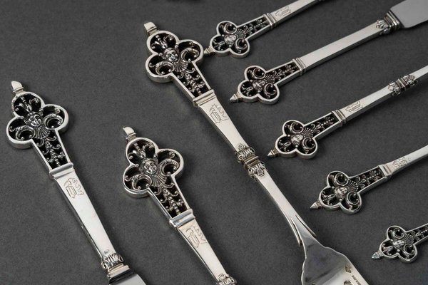Cardeilhac Silver Cutlery Set with Minerva Hallmark, 1890s, Set of