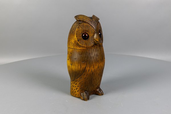 Mid-Century Black Forest Style Carved Linden Wood Owl Box, Germany
