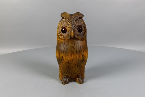 Mid-Century Black Forest Style Carved Linden Wood Owl Box, Germany