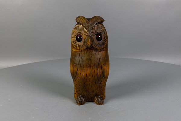 Mid-Century Black Forest Style Carved Linden Wood Owl Box, Germany