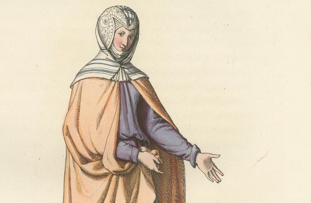 Medieval Noblewoman's Peach and Lavender Robe Costume, 1845, Paper