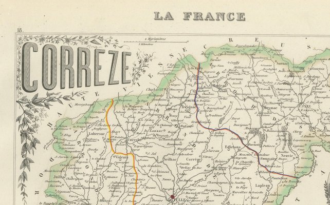 Map of Corrèze in France with Brive, Tulle and Dordogne River