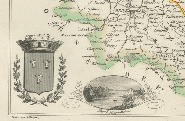 Map of Corrèze in France with Brive, Tulle and Dordogne River