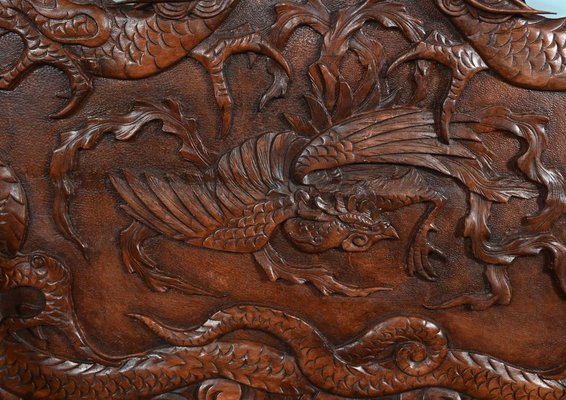 Chinese Cinnabar Lacquered Carved Dragon Bench, 1860s for sale at
