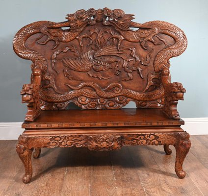 Cinnabar 若木 30cm Chinese Cinnabar Lacquered Carved Dragon Bench, 1860s for sale at