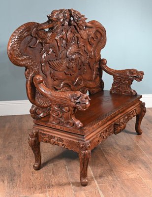 Chinese Cinnabar Lacquered Carved Dragon Bench, 1860s for sale at
