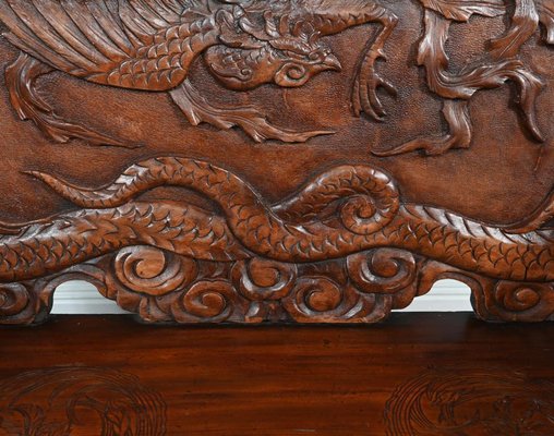 Chinese Cinnabar Lacquered Carved Dragon Bench, 1860s for sale at