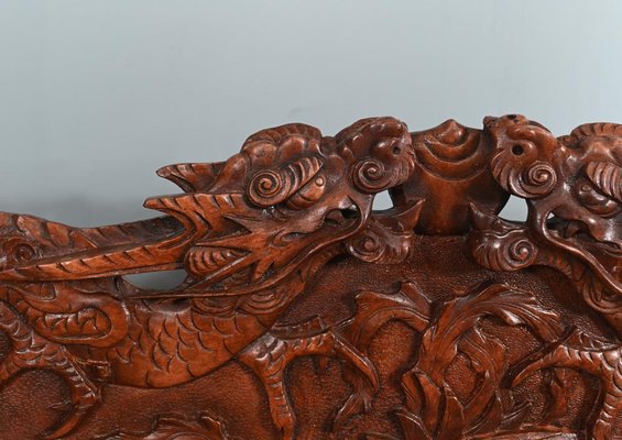 Chinese Cinnabar Lacquered Carved Dragon Bench, 1860s for sale at