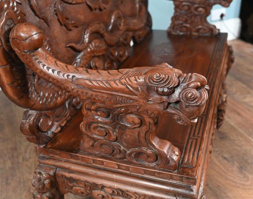 Chinese Cinnabar Lacquered Carved Dragon Bench, 1860s for sale at