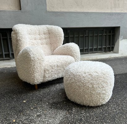 Set of Scandinavian Wing Lounge Chair and Ottoman in Long-Haired