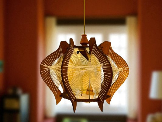 Mid-Century Modern Wood and Glass Hanging Lamp, 1960s