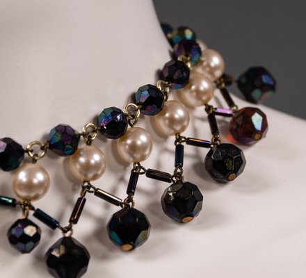 Avalaya Collana Girocollo Vittoriana Con Perline Di Vetro Nere, Design A Bavaglino, 33 Cm + 8 Cm Di Estensione