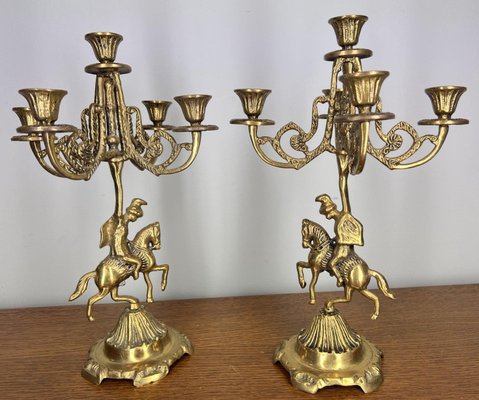 Vintage Brass Horse Rider Ornate Candleholders, Set of 2 for sale