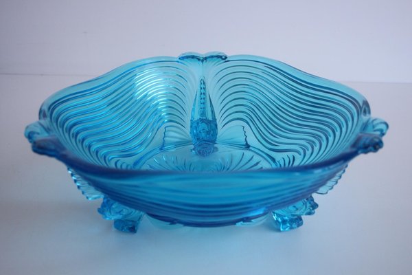 Art Deco Glass with Fish Feet Bowl-Gorgeous Rich Blue by Josef