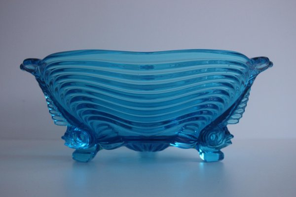 Art Deco Glass with Fish Feet Bowl-Gorgeous Rich Blue by Josef