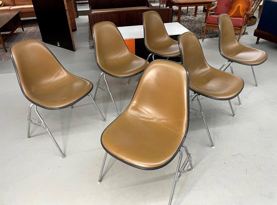 Stacking Shell Chairs with Brown Naugahyde Pads by Herman Miller