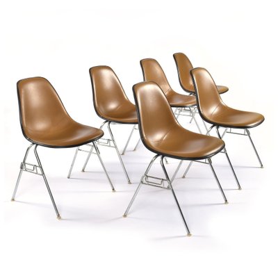 Stacking Shell Chairs with Brown Naugahyde Pads by Herman Miller