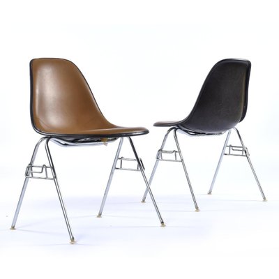 Stacking Shell Chairs with Brown Naugahyde Pads by Herman Miller