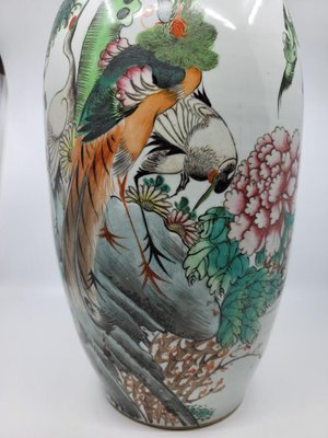 Chinese Celadon Porcelain Vase with Birds, Flowers and Vegetation