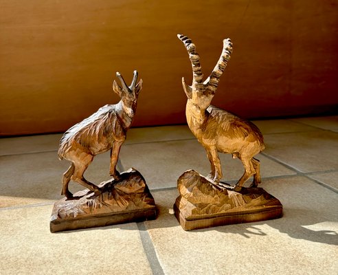 Antique Folk Art Hand-Carved Alpine Wooden Ibex and Chamois