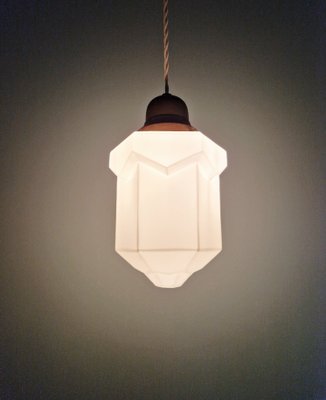 Art Deco Skyscraper Pendant Light in White Opaline, 1920s