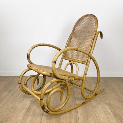 Rattan and Cane Rocking Chair, 1970s for sale at Pamono