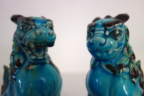 Vintage Japanese Green and Turquoise Glazed Ceramic Komainu Dogs