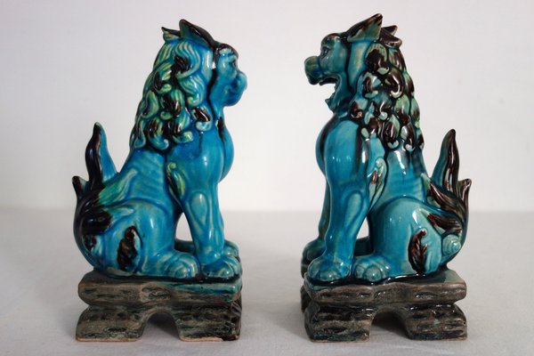Vintage Japanese Green and Turquoise Glazed Ceramic Komainu Dogs