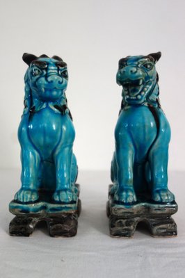 【美品】motto_kuma dog blue Vintage Japanese Green and Turquoise Glazed Ceramic Komainu Dogs