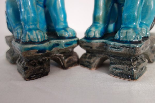 Vintage Japanese Green and Turquoise Glazed Ceramic Komainu Dogs