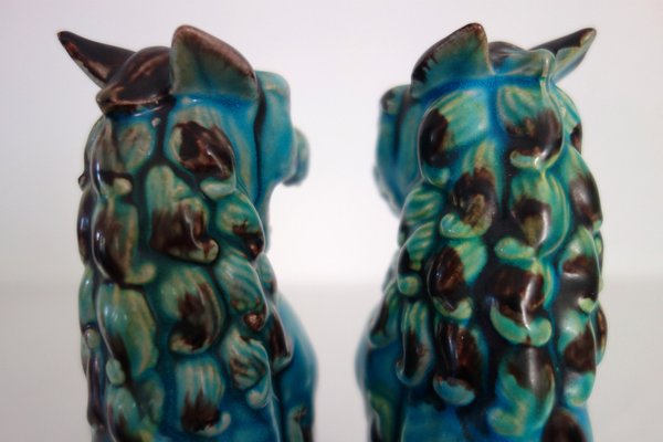 Vintage Japanese Green and Turquoise Glazed Ceramic Komainu Dogs