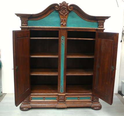 Dark Oak and Turquoise 2-Door Linen Cabinet, 1920s for sale at Pamono