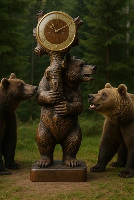 Black Bear Table Clock - Rustic Faux Wood Carved Lodge Cabin Decor For Mantel Or Shelf - New
