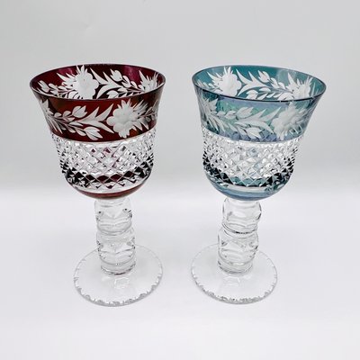 Thick Stem Cut and Etched Crystal Wine Goblets, Bohemia, 1950s, Set of 5  for sale at Pamono